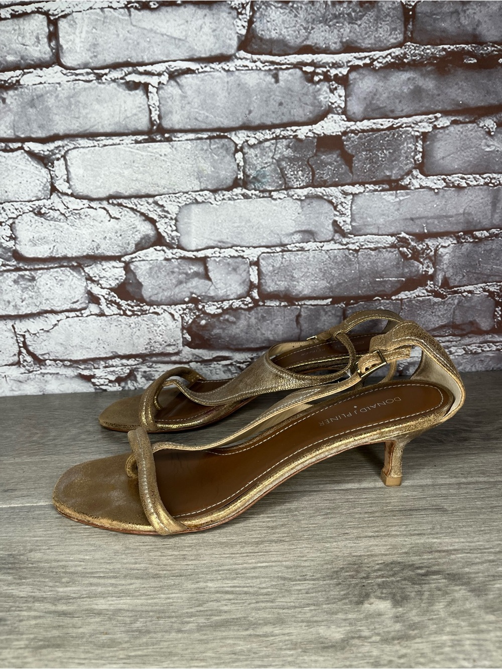 Donald Pliner Monti Gold Leather Strap Open Kitten Heels Women Sz 11M US/42EU